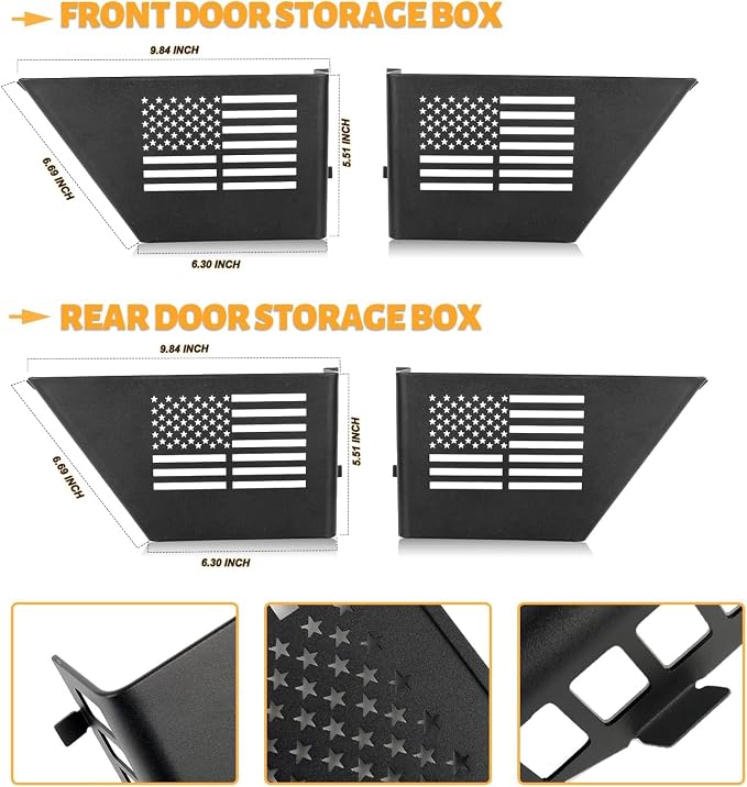 MAIKER 4PCS Metal Front Rear Door Storage Box Compatible with 2007-2018 Jeep Wrangler JK 4 Door, Replaces OEM Door Nets, Expands Interior Storage Space