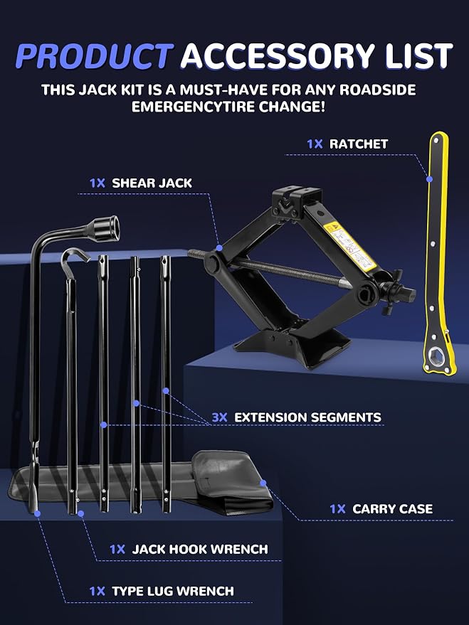 Spare Tire Jack Tool Kit w/ Labor-Saving Ratchet Wrench for 03-21 Ram 1500 | Heavy Duty 2.5 Ton Scissor Lift Jack with Leather Storage Bag | Rust & Corrosion Resistance | Push-button lock | Anti-Rattle