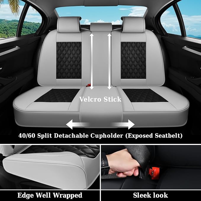 Coverado Universal Car Seat Covers Full Set, Luxury Stain-Resistant Waterproof Faux Leather Front & Rear Seat Protectors, Elegant Easy-Clean Automotive Interior – WhiteBlack