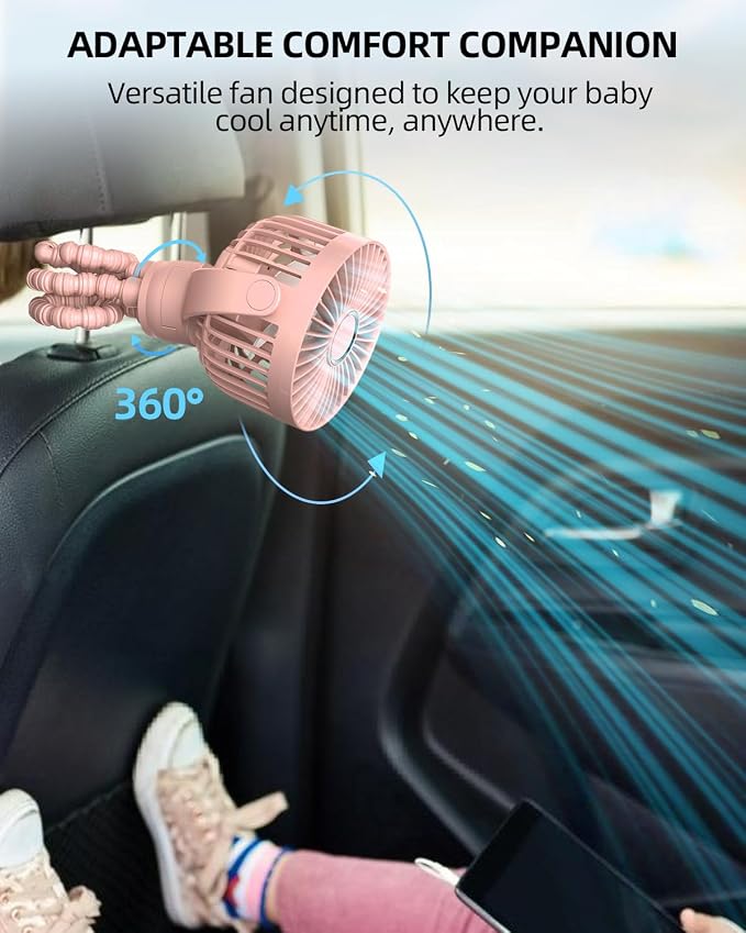 Portable Stroller Mini Fan, Small Rechargeable Personal Fan, Travel Essentials for Baby, Wagon, Car Seat, Treadmill, Battery Powered Biking Gear Accessories, 360° Rotation, 3-Speed, Display, Pink