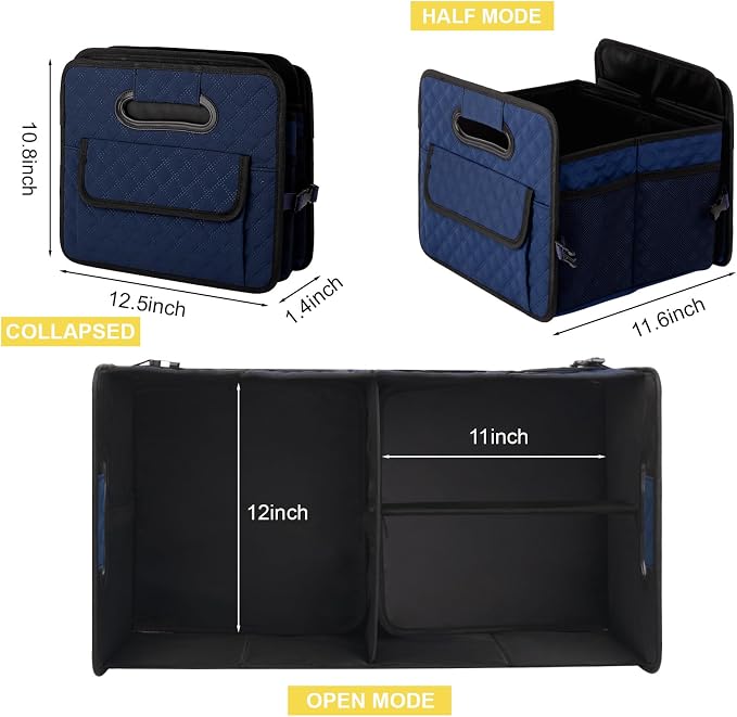 Car Trunk Organizer for SUV, Car Storage Organizer Collapsible Multi Compartment Container Box, Adjustable Car Accessories for Women/Men, Dark Blue