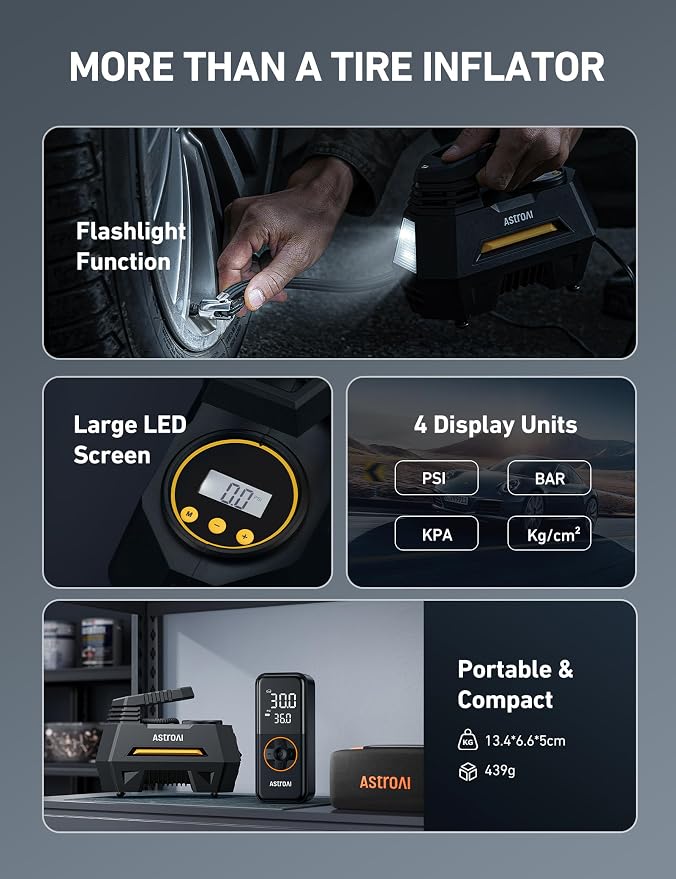 AIRUN H1 Tire Inflator Portable Air Compressor,Fast Inflation Electric Air Pump for Car Tires-Car Accessory,9.8Ft Cord-12VDC-Powered Auto Shut-Off with Digital Pressure Gauge,LED Light,Yellow