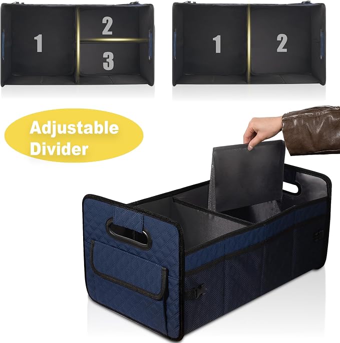 Car Trunk Organizer for SUV, Car Storage Organizer Collapsible Multi Compartment Container Box, Adjustable Car Accessories for Women/Men, Dark Blue