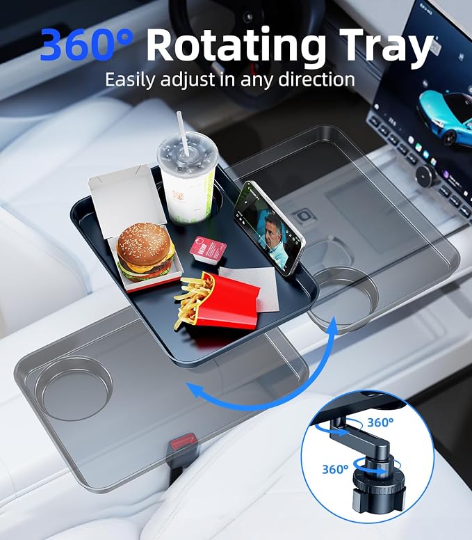 Tesla RV Semi Truck Car Cup Holder Tray Expander, Detachable 360 Rotating Car Food Tray Table for Eating Lunch Snack, Car Road Trip Essentials of Tesla Model 3 Y Accessories 2026 2025 2024