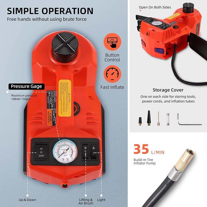 Electric Car Jack 5 Ton 12V Floor Jack with Inflator Pump Portable Hydraulic Jack Vehicle Lift for Car SUV Sedan MPV Tire Change with Led Light