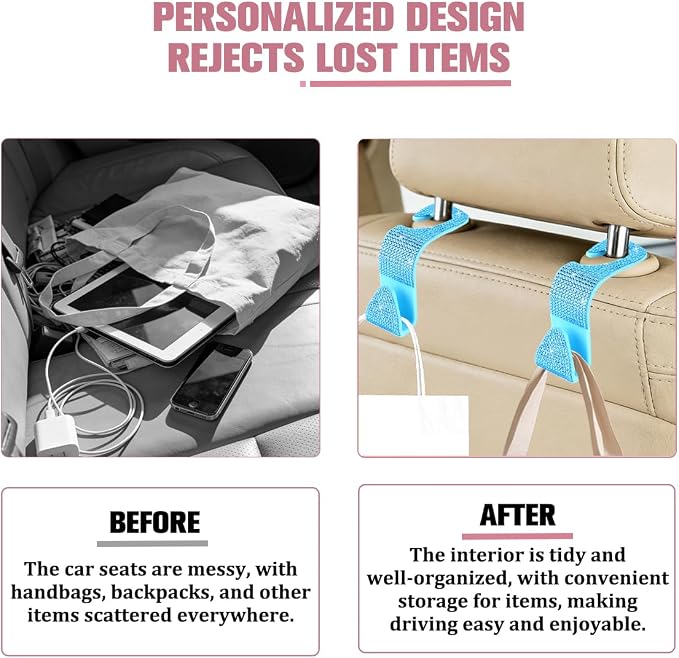 4PCS Bling Car Seat Headrest Hook, Crystal Rhinestone Backseat Hanger Organizer for Purse Handbag Umbrella, Shiny Auto Interior Seat Back Storage Holder Hook, Universal Fit (Lake Blue)
