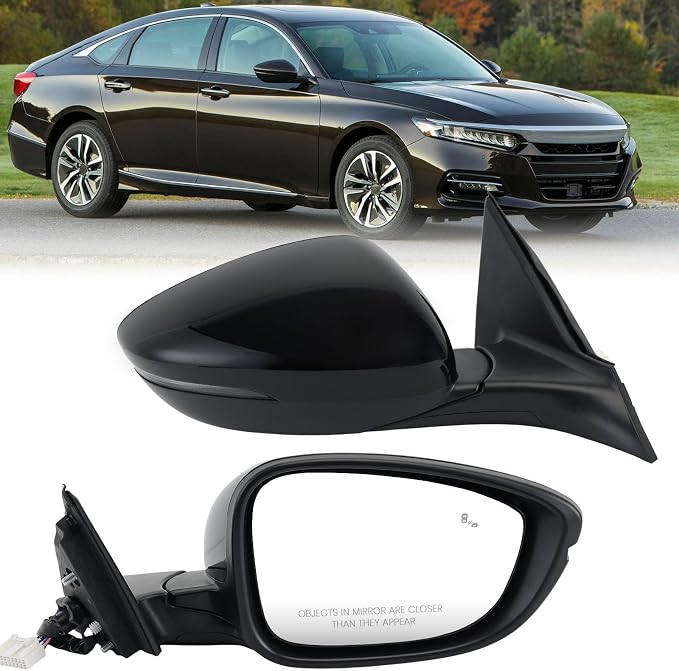 Right Passenger Side Mirror Compatible with 2018-2022 Honda Accord Power Glass | Heated | with Blind Spot | with Turn Signal | Manual Folding Repalces HO1321330 (8Pins-Black)
