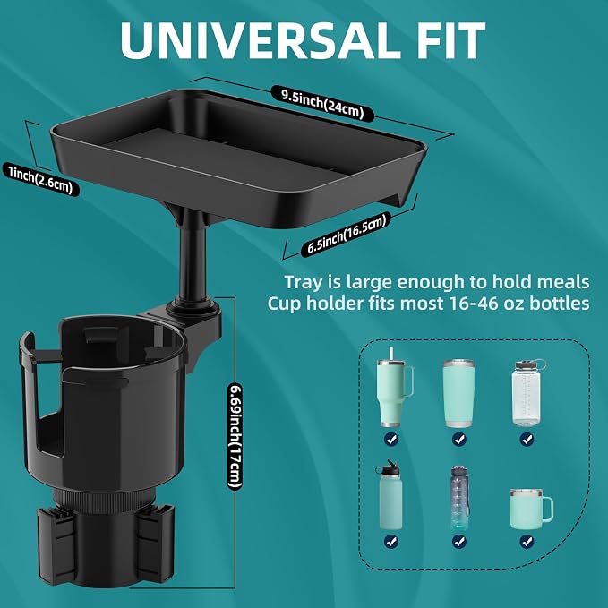 Car Cup Holder Tray, 9.5" Car Food Tray Table for Eating | Cup Holder Expander Adapter for Car, Fits Yeti, Hydro Flask, Other Bottles and Mugs in 16-46 oz, Car Road Trip Essentials