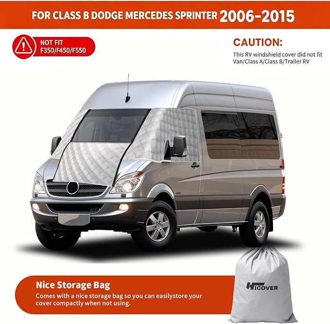 RV Windshield Window Snow Cover for Class B Dodge Mercedes Sprinter (2006-2015) for Front Window Sunshade Accessories with Mirror Cutouts, Zipper Opening rv windshield cover Silver