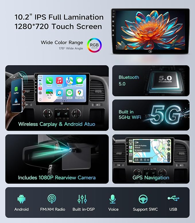Car Radio Stereo for Chevy Silverado GMC Sierra 07-13, CarPlay Android Auto | 10.2-inch IPS HD touchscreen, 64G storage, 5G WiFi GPS, Bluetooth FM AM SWC, plug-and-play, 1080P backup camera