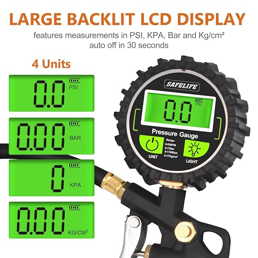 Digital Tire Pressure Gauge with Inflator, 250 PSI Air Chuck with Pressure Gauge and Air Compressor Tire Inflator Attachment Include Quick Connect Coupler, 0.1 Display Resolution
