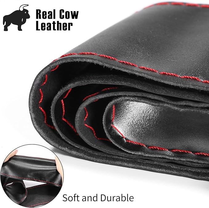 Genuine Leather Steering Wheel Cover, Stitch On Wrap, 15 Inch Steering Wheel Wrap for Car Truck SUV Pickup Boat, DIY Sewing with Needle Thread, Black with Red Thread