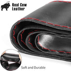 Genuine Leather Steering Wheel Cover, Stitch On Wrap, 15 Inch Steering Wheel Wrap for Car Truck SUV Pickup Boat, DIY Sewing with Needle Thread, Black with Red Thread
