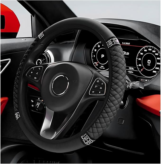 Bling Car Steering Wheel Cover, 15 Inch Sparkly Rhinestone Soft Leather Steering Wheel Protector, Non-Slip Universal Auto Elastic Steering Wheel Covers for Women Girls (Black)