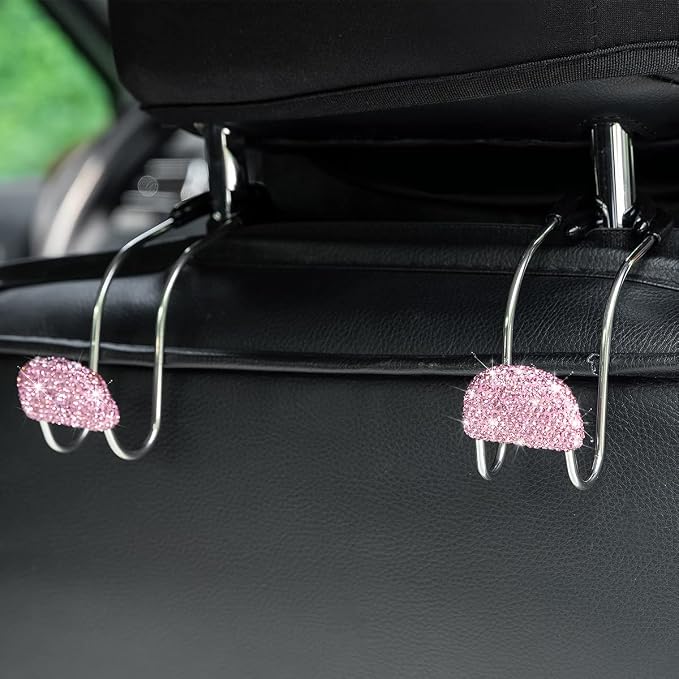 Car Headrest Hook, 2 Pack Bling Backseat Organizer Hanger for Purse Clothes Grocery Bag, Rhinestones Auto Headrest Storage Holder, Universal Car Seat Accessories for Most Vehicle (Pink)