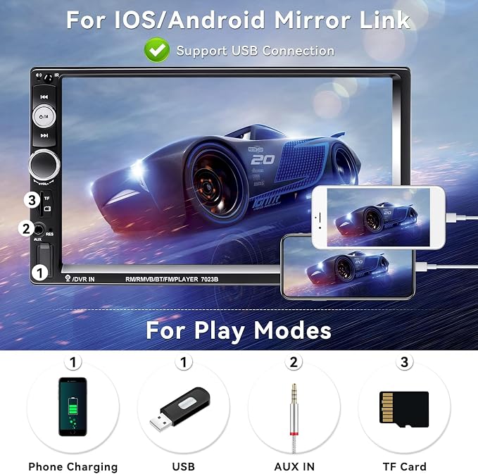 7" Double Din Car Stereo Audio Bluetooth MP5 Player USB FM Multimedia Radio+ 4 LED Mini Backup Camera with Steering Wheel Remote Support Mobile Phone Synchronization (Used in Android/iOS)