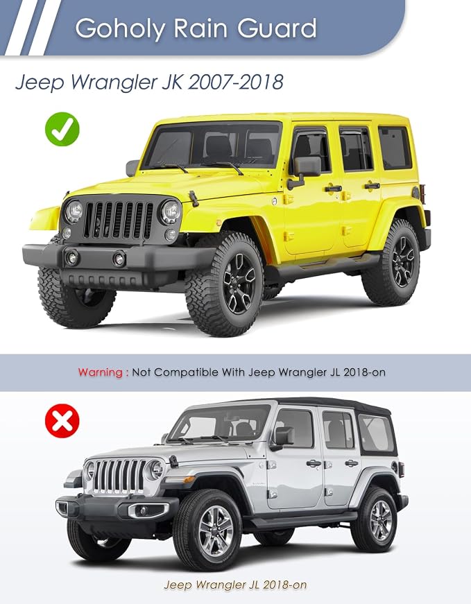 in-Channel Window Rain Guard for Jeep Wrangler JK 2007-2018 Rain Guards Side Window Visors Low Profile Vent Visor Window Deflectors Vent Shades Car Accessories