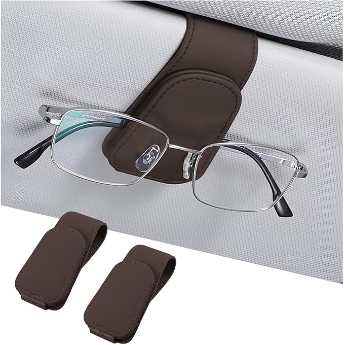 Sunglasses Holders for Car Sun Visor, Leather Eyeglasses Hanger Mounter, Magnetic Glasses Holder and Ticket Card Clip, Auto Interior Accessories Universal for SUV Pickup Truck