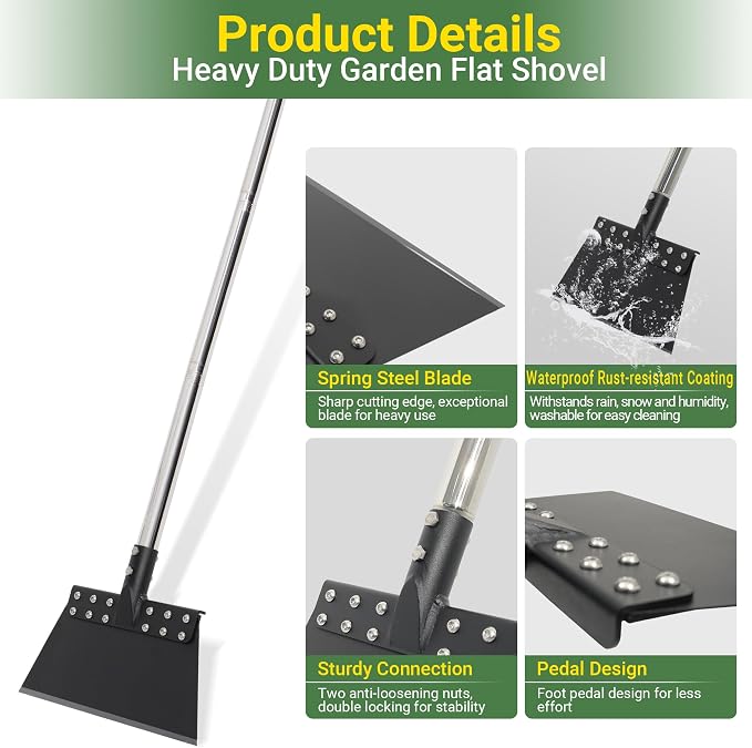 Weed Scraper 65in Garden Flat Shovel Floor Scraper Long Handle Heavy Duty Multi Weeding Shovel with 11in Spring Steel Blade Floor Scraper for Ice, Snow, Weed, Dirty, Moss, Driveway, Lawn Edging