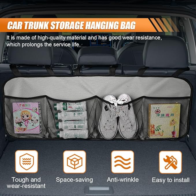 Car Trunk Organizer, Large Capacity Backseat Hanging Storage Bag with 4 Pockets, Waterproof Foldable Car Interior Organizing Accessories, Universal for SUV, Truck, Van, MPV (Grey)
