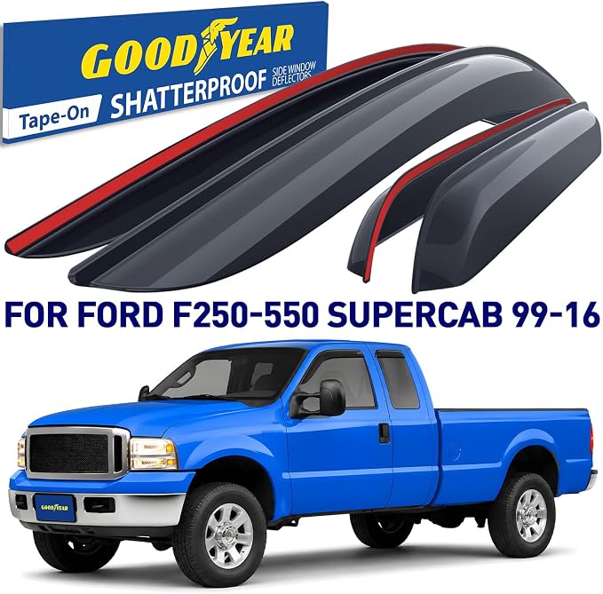 Goodyear Shatterproof Window Deflectors for Trucks Ford F250 F350 Super Duty 1999-2016 SuperCab, Tape-on Rain Guards, Window Visors, Vent Deflector, Vent Visor, Truck Accessories, 4 pcs-GY008944