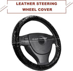 Sun Walker Leather Car Steering Wheel Cover, 15" Anti-Slip Crocodile Pattern Wheel Protector with Rose Grain, Comfortable Grip Steering Wheel Protector Universal for Cars SUVs Trucks (Black)