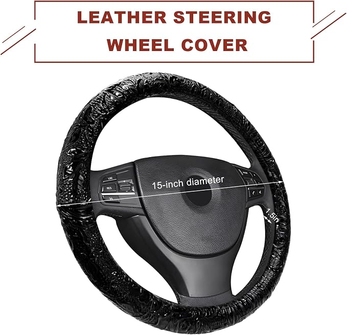 Sun Walker Leather Car Steering Wheel Cover, 15" Anti-Slip Crocodile Pattern Wheel Protector with Rose Grain, Comfortable Grip Steering Wheel Protector Universal for Cars SUVs Trucks (Black)
