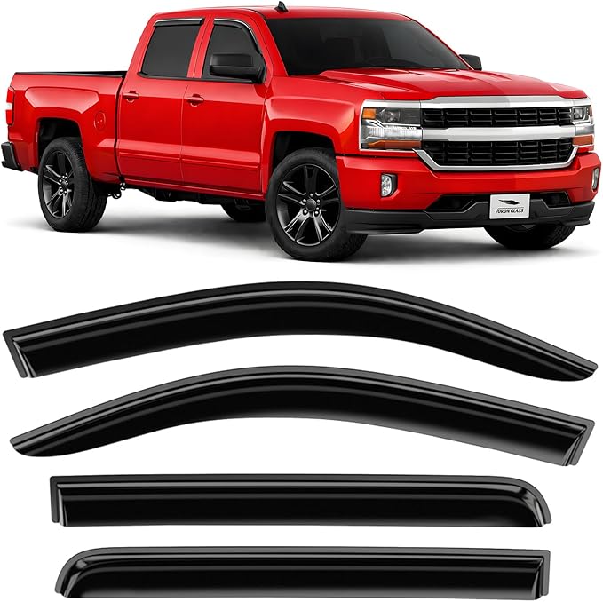 Voron Glass Tape-on Extra Durable Rain Guards for Trucks Chevrolet (Chevy) Silverado/GMC Sierra 2014-2018 Crew Cab, Window Deflectors, Vent Window Visors, 4 Pieces - 120007