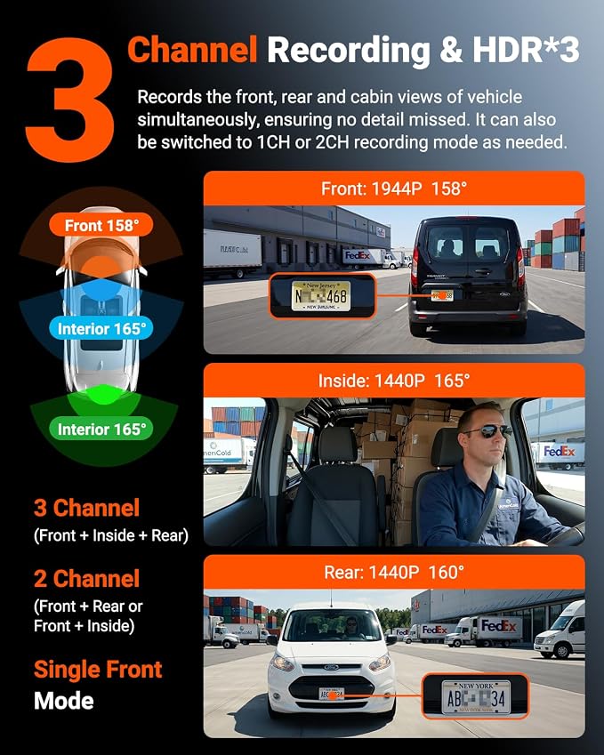 N4S 3 Channel Dash Cam for Delivery &Cargo Vans, 2.7K+1440P+1440P Front Inside Rear,PlatePix™,STARVIS 2 x HDR x IR Night Vision,Voice Control,GPS,24/7 Parking Mode,Supports 1TB Max
