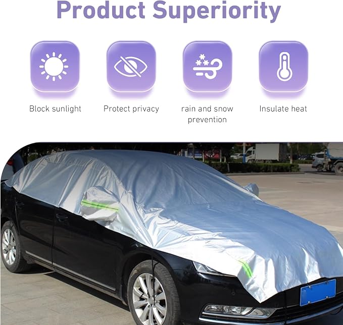 Half Car Cover, Thickened Car Sunshade Windshield Cover, All-Season Foldable Protective Shield for Rain Ice Snow Sand Leaves, for Most Sedans (Silver, 17Ft Long)