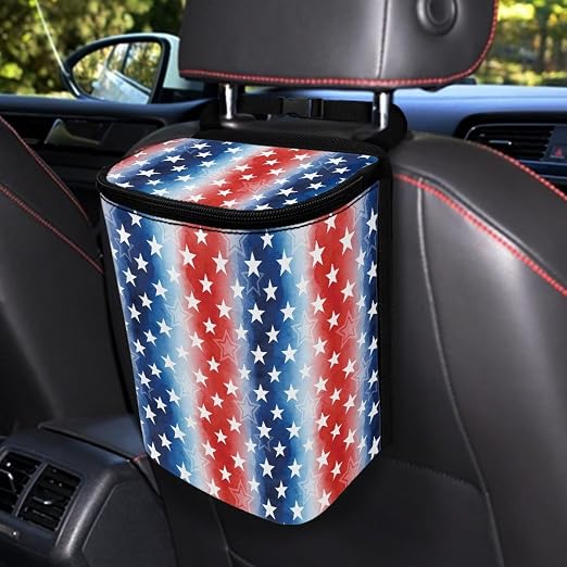 American Flag Star Print Car Trash Can with Lid, 4th of July Leak Proof Auto Trash Bag Hanging Vehicle Garbage Can Multipurpose Storage Container for Back Seat Road Trip