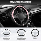 Steering Wheel Cover, Pink Patterned & Black Leather Patchwork Design, Universal Fit 14.5"–15.5", Anti-Slip, Odor-Free, Soft PU Grain Leather, Durable Grip Car Accessory for Girls & Women