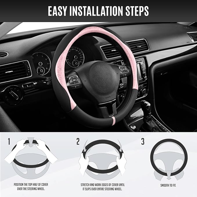 Steering Wheel Cover, Pink Patterned & Black Leather Patchwork Design, Universal Fit 14.5"–15.5", Anti-Slip, Odor-Free, Soft PU Grain Leather, Durable Grip Car Accessory for Girls & Women