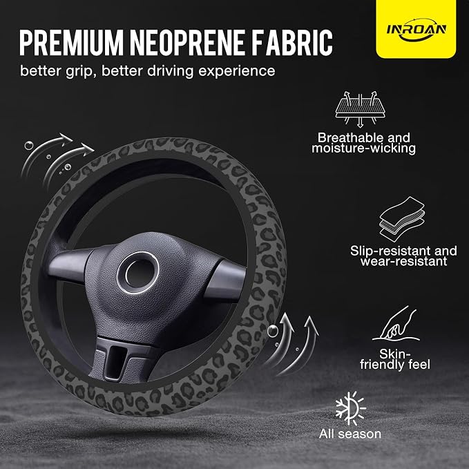 Black Leopard Print Steering Wheel Cover for Women, Universal Fit 14.5-15 Inch with Non-Slip Grip and Thermal Control, Includes 2 Ceramic Absorbent Cup Coasters, Compatible with Cars, SUVs, Trucks.