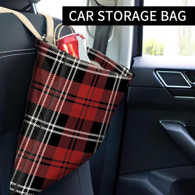 Car Trash Can, Hanging Car Organizer and Storage Bag, Trash Bin for Vehicle, Travelling, Camping Black and Red Checkerboard