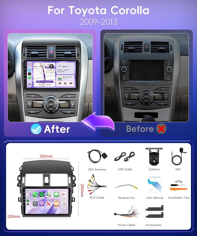 4G+64G Android 15 Car Stereo for Toyota Corolla 2009-2013, 9" IPS Touch Screen Car Radio with Wireless Carplay Android Auto GPS/32 EQ/Bluetooth 5.0/5Ghz WiFi/AHD Backup Camera/SWC