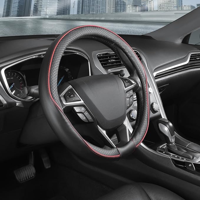 Steering Wheel Cover 14.5-15 inch (37-39 cm) Medium Size, Microfiber Leather, Non-Slip Comfortable Grip, Fits Cars Trucks SUVs, Black and Red