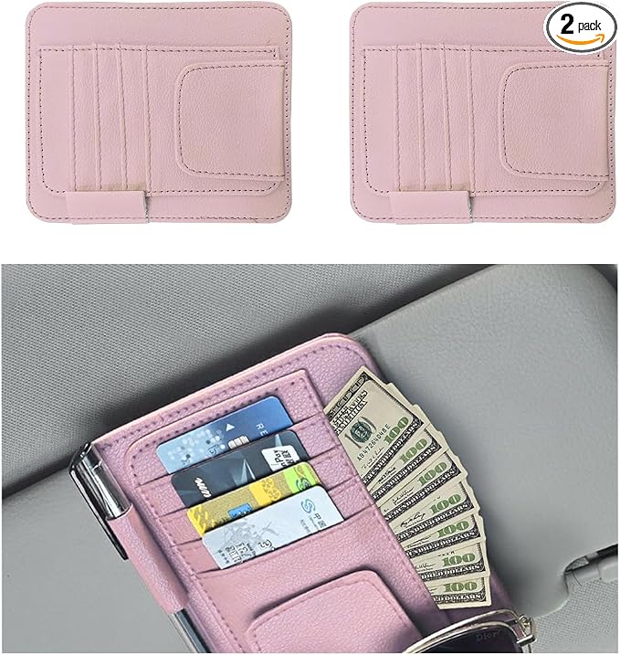 2 PCS Car Sun Visor Organizer, Small Auto Visor Organizer and Storage, Registration and Document Holder for Sunglasses, Card, Pen, Driver License, Car Accessories (Pink)