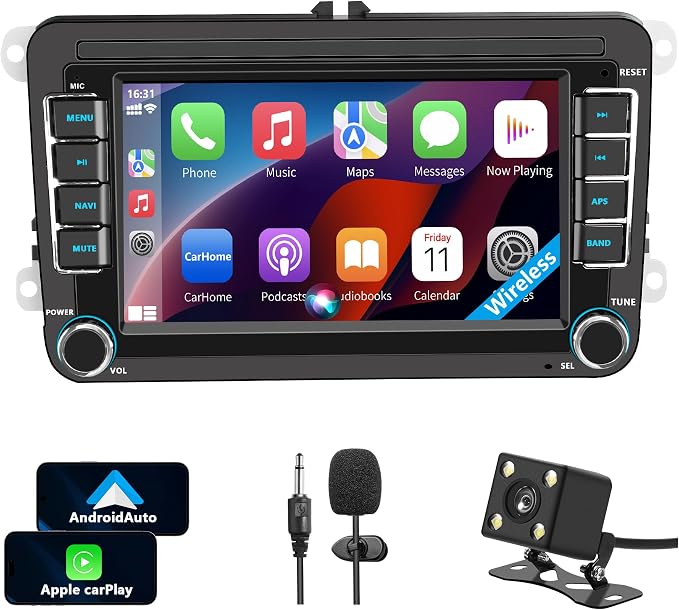 Car Stereo for VW Volkswagen Jetta Golf Passat Beetle Tiguan Polo EOS, 7" Touchscreen Car Radio with Wireless Apple CarPlay & Android Auto,YouTube,GPS, WiFi, Bluetooth, FM,SWC, DSP（with Accessories）