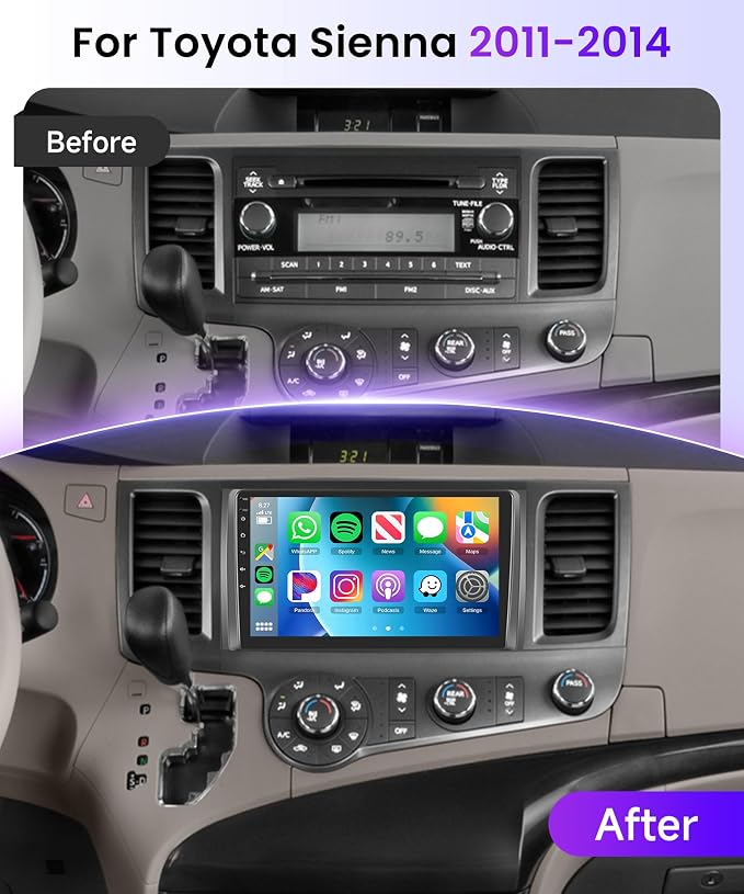 5Ghz WiFi Car Stereo Radio for Toyota Sienna 2011-2014 Support Wireless Carplay Android Auto 9'' HD 1080P Touchscreen with Android 15 GPS Navigation EQ AHD Backup Camera FM/RDS Radio SWC 2G+64G