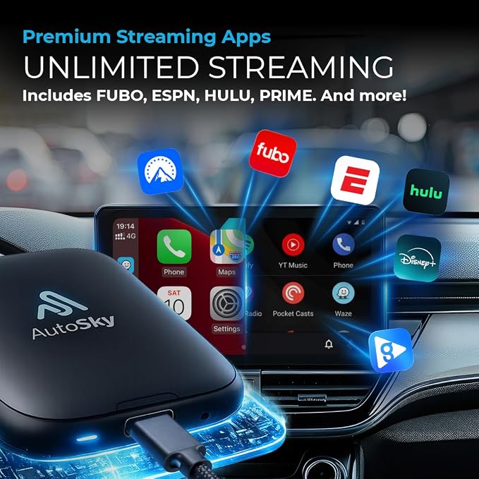 Wireless Car Video AI Box Flex – Stream Netflix, Hulu, Prime Video, Disney+, ESPN & 13+ Apps on Factory Screen, CarPlay & Android Auto Compatible, Plug & Play OEM Multimedia System