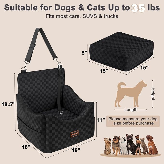 Elevated Dog Car Seat for Small/Medium Dogs up to 35 lbs, Memory Foam Booster Seat with Detachable Washable Cover, Travel-Safe Car Bed with Safety Belts & Storage Pockets, Black
