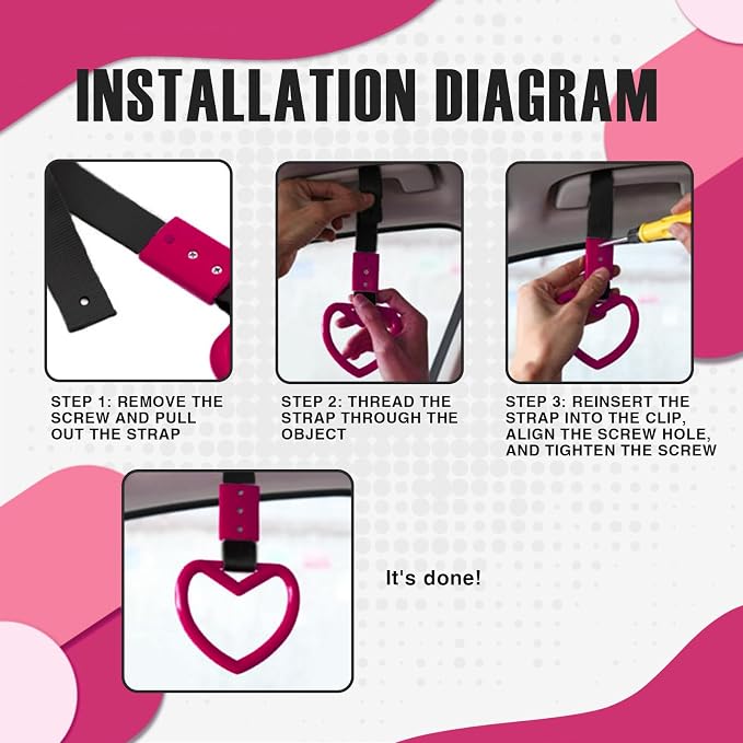 2PCS Heart Shaped Car Handle Straps, Rear Bumper Warning Keychain Ring for Car Exterior Accessories (Hot Pink)