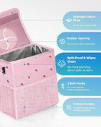 Corduroy Car Trash Can with Lid and Mesh Pockets - Leakproof Organizer,Multipurpose Waterproof Garbage Can/Trash Bin for Car(Pink Base with Red Strawberry Print -2 Gallons)