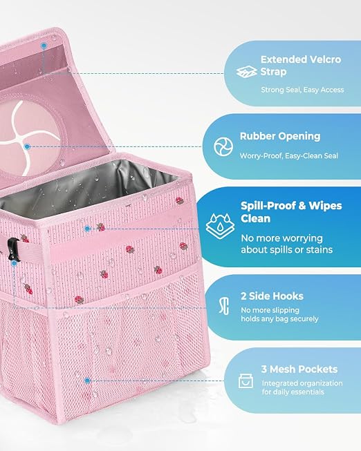 Corduroy Car Trash Can with Lid and Mesh Pockets - Leakproof Organizer,Multipurpose Waterproof Garbage Can/Trash Bin for Car(Pink Base with Red Strawberry Print -2 Gallons)