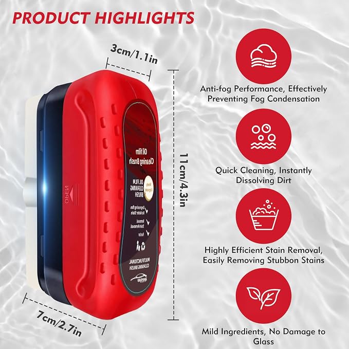 Automotive Oil Film Cleaning Brush with Reusable Foam Sprayer, Upgraded Antifog Glass Cleaning Board, Glass Oil Film Remover for Car Windows & Windshields,Versatile Car Glass Cleaner Brush (2Pack_Red)