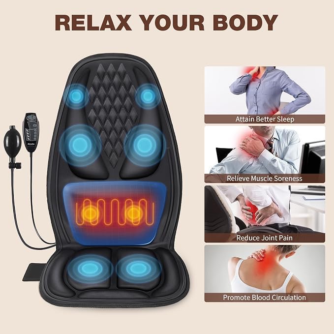 Back Massager with Heat, Massage Seat Cushion with 3D Back Traction, 8 Vibrating Motors Massager Chair Pad for Full Body Pain Relief, Ideal Gift for Father's Day/Parents/Friends Using in Office/Home