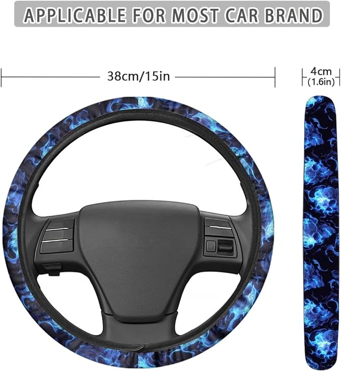 Skull Blue Flame Automotive Steering Wheel Covers Universal Fit 14 to 15 inch Steering Wheel Covers with Cloth for Women Keep Warm Comfort Grip Sweat Absorption Neoprene