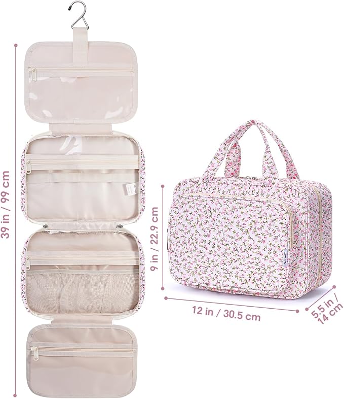 Travel Toiletry Bag for Women Large Hanging Makeup Bag Organizer Toiletries Bag for Full Size Essentials Accessories Cosmetics (Pink Flower (Large))