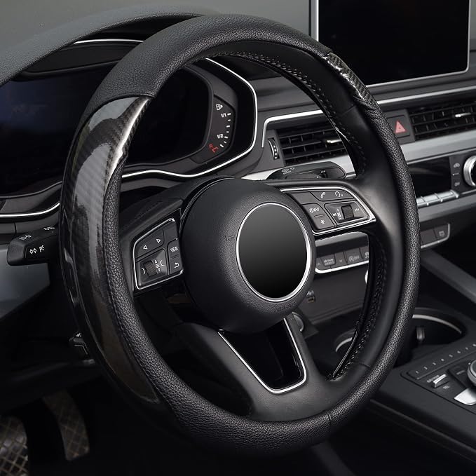 Carbon Fiber Steering Wheel Cover, Universal 15 inch, Anti-Slip, Odorless,Black